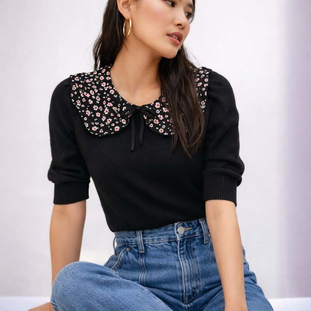 Maeve by Anthropologie Black Short Sleeve Sweater with Floral Ruffle Collar